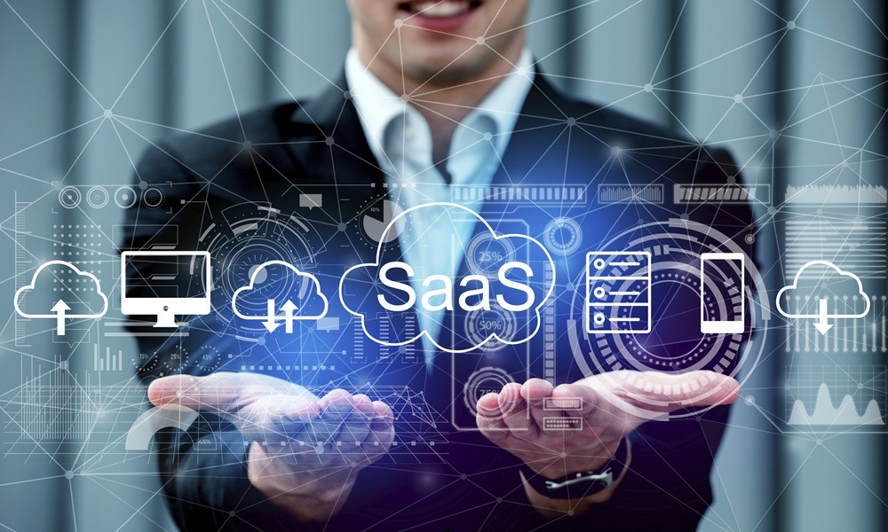 A man holding out his hands with a graphic illustrating the SaaS customer support overlayed.